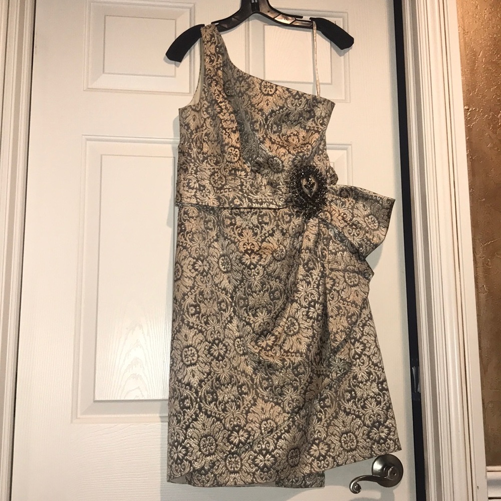 Kay Unger Gold and Cream Sequin One Shoulder Dress